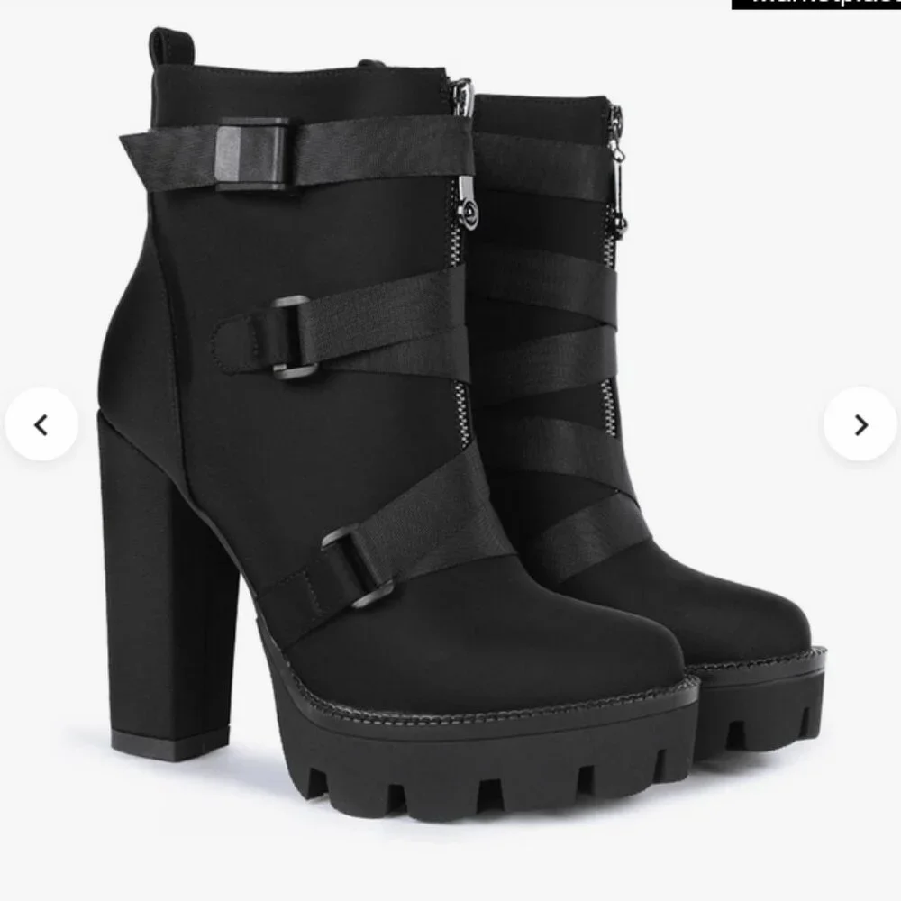 Wet Kiss Black Lycra Heeled Combat Platform Booties w/Straps EUC - Picture 2 of 13